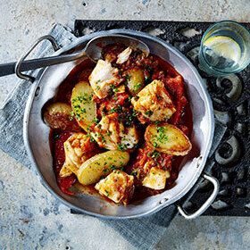 Baked Norwegian Cod with Spanish flavours and Patatas Bravas | Seafood from Norway Deep Frying Pan, Parsley Potatoes, Worlds Collide, Crushed Garlic, Vegetable Stock, Smoked Paprika, Tasty Dishes, Norway, Seafood