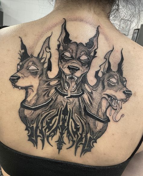 Finished up this Cerberus for Mia! Linework and most of the black is healed rest is fresh! • • • • #cerberus #blackandgreytattoo #cerberustattoo #ink #backtattoo #tattoo #inked #linework #stipple #stippletattoo #blackwork #dogtattoo #dobermantattoo #stippling #blackandgreytattooartist #tattooartist #femaletattooartist #michigantattooartist #michigantattooers Three Headed Dog Tattoo Greek Mythology, Cerberus Back Tattoo, Cerberus Chest Tattoo, Animal Jaw Tattoo, Chupacabra Tattoo, Cerberus Tattoo Greek Mythology, Mythical Creature Tattoo, 3 Headed Dog Tattoo, Kelpie Tattoo