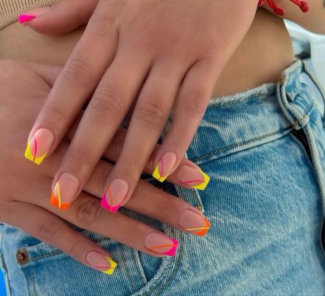 Neon Tip Nails Square, Bright Colored Tips Nails, Edc Nail Ideas, Festival Nails Square, Florescent Nail Ideas, Bright Colour Nails, Ibiza Nails Summer, Neon Square Nails, Orange And Yellow Nail Designs