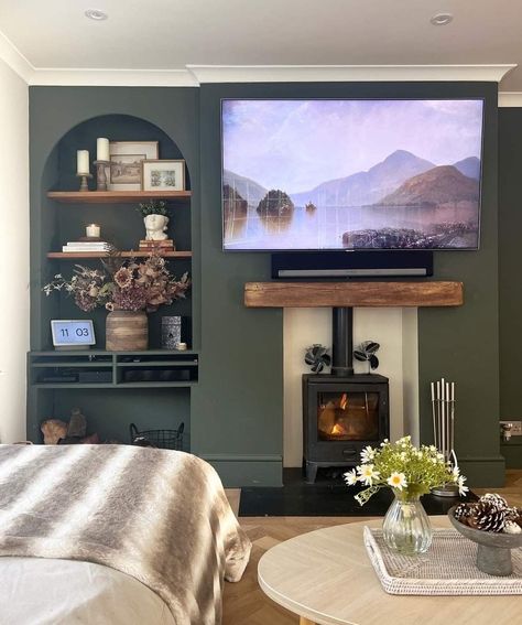 Dark Green Snug Room, Earthy Moody Living Room, Media Wall Ideas With Fireplace, Black Grey Living Room, Snug Ideas, Log Burner Living Room, Moody Living Room, Snug Room, Feature Wall Living Room