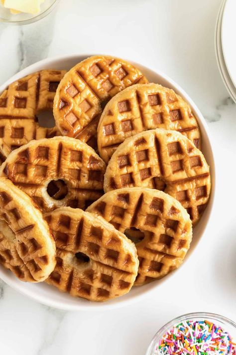 Donut Waffles Waffle Iron Donut Recipe, Cinnamon Rolls Waffle Maker, Cinnamon Rolls In Waffle Maker, Donut Waffles, Cinnamon Roll Waffle Iron, Waffle Donuts, Baker Mama, Best Donut Recipe, Raised Donuts