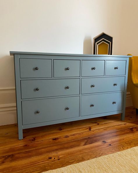 Hemnes Dresser painted with greyish blue. Blue Hemnes Dresser, Baby Blue Dresser, Dusty Blue Dresser, Hemnes Painted, Ikea Hemnes Dresser, Hemnes Dresser, Dresser Painted, Furniture Upcycle, Blue Dresser