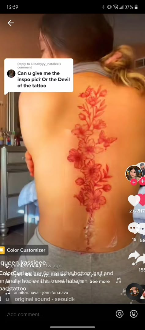 Red Collarbone Tattoos For Women, November Birth Flower Spine Tattoo, Hibiscus Flower Spine Tattoo, Black And Red Spine Tattoo, Red Flower Back Tattoo, Hibiscus Spine Tattoo, Flower Back Tattoo Spine, Hibiscus Back Tattoo, Spinal Tattoo Women Ideas