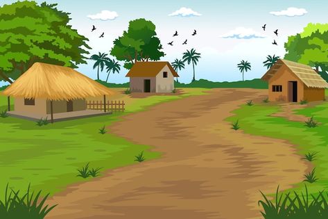 Indian Village Illustration, Cartoon Village Background, Village Vector, Cartoon Village, Village Scene Drawing, Village Background, Village Drawing, Cartoon Garden, Background Reference