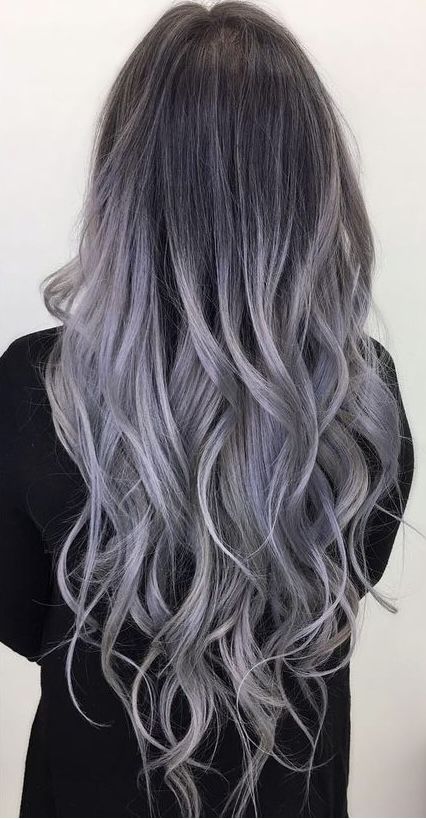 Ashy Grey Balayage On Black Hair, Grey Silver Hair Color, Dark Hair With Grey Balayage, Black Hair With Grey Balayage, Platinum Balayage Dark Roots, Ombre Silver Hair, Ashy Grey Balayage, Ashy Blue Hair, Pelo Color Ceniza