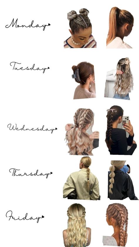 Weekday HAIR!!!!! xxx Good Hairstyles For School, Wednesday Hair, Monday Hair, Good Hairstyles, Cute Sporty Hairstyles, Soccer Hairstyles, Preppy Hairstyles, Hairstyle Examples, Cute Hairstyles For School