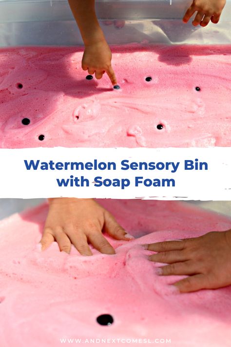 Looking for watermelon activities for kids? Then you've got to try this watermelon sensory bin play that's filled with bright pink soap foam. It's great for toddlers and preschoolers! Watermelon Activities, Sensory Bin Play, Soap Foam, Sensory Therapy, Sensory Diet, Pink Soap, Fun Activities For Toddlers, Sensory Bin, Toddlers And Preschoolers