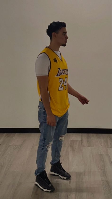 Laker Outfits Men, Lakers Outfit Men, Lakers Jersey Outfit Men, Laker Jersey Outfit Men, Lakers Outfit, Mustache And Goatee, Aesthetic Tiktok, Jersey Outfit, Fashion Aesthetic