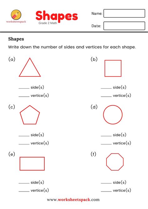 The students will practice the sides and vertices with this free worksheet (learn more about shapes). Sides And Corners Of Shapes, Shapes Worksheet For Grade 2, 2d Shapes Worksheets For Grade 1, Grade 2 Shapes Worksheets, Circle And Triangle Worksheet, Different Types Of Triangles Worksheet, Grade 2 Math, Worksheet Math, Study Sheet