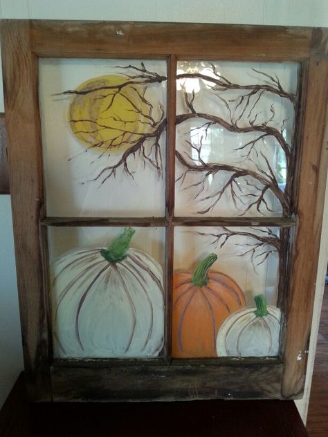 My attempt at painting a Fall scene on a old window! Painting On Old Windows Ideas, Fall Window Pane Ideas, Fall Window Scene, Painted Fall Windows, Painted Window Panes Diy, Fall Themed Window Painting, Window Painting Ideas Fall, Fall Window Art Painting, Fall Window Painting Store Fronts