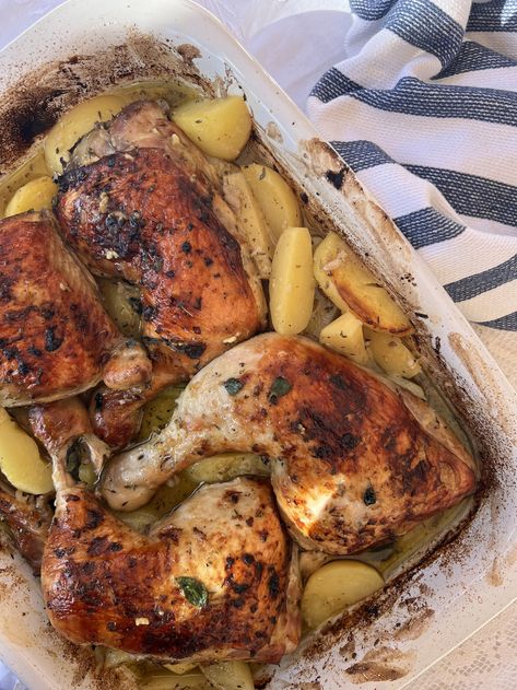 Kotopoulo Lemonato - Lemon Chicken and Potato Bake — Νικολέττας Kitchen February Meals, Garlic Roasted Chicken, Cyprus Food, Greek Lemon Potatoes, Baked Lemon Chicken, Chicken And Potato, Oven Meals, Roasted Chicken And Potatoes, Roasted Garlic Chicken