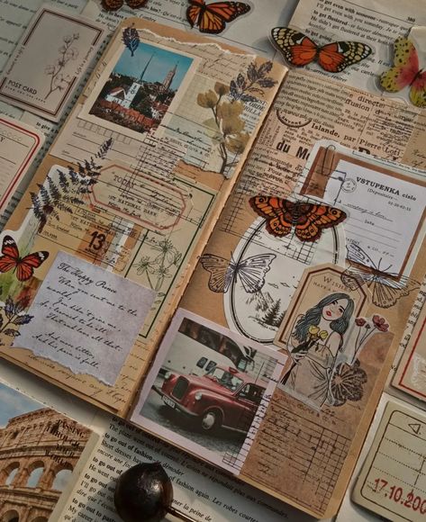 Scrapbook Journal Inspiration, Collage Pages Art Journaling, Sticker Collage Ideas Art Journals, Vintage Art Journal Pages Ideas, Collage Journal Pages, Goth Journal Ideas, Art Journal Spreads, Scrapbook Junk Journal, Junk Journaling Aesthetic