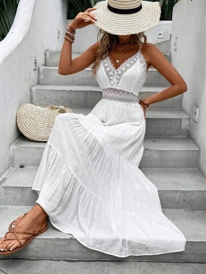 French Women Style, White Fashion Casual, Business Formal Dress, Style Français, Cami Maxi Dress, Formal Dresses Gowns, Romantic Lace, Boho Lace, Guipure Lace