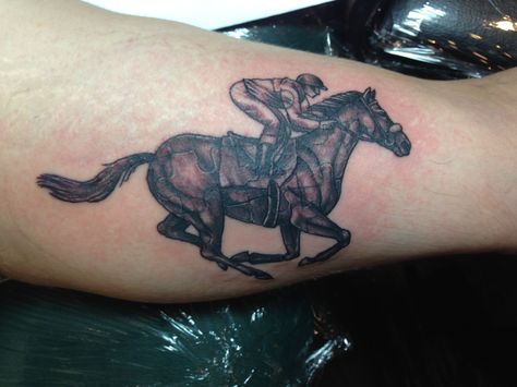 Horse & Jockey Made of Puzzle Pieces by Rachel @ East River Tattoo in Brooklyn - Imgur Racehorse Tattoo, Horse Racing Tattoo, Race Horse Tattoo, Rope Tattoo, Horse Tattoos, River Tattoo, Horse Jockey, Horse Tattoo Design, Tattoos Pictures