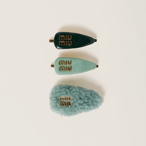 Fir Green Set Of Leather, Suede, And Shearling Hair Clips | Miu Miu Miu Miu Set, I Get Everything I Want, Metal Lettering, Hair Acessories, Crochet Bandana, Hair Accessories Collection, Jewel Necklace, Metal Hair Clips, Jewels Rings