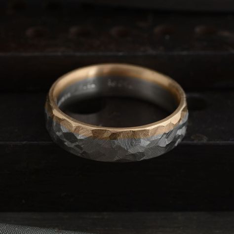 This bi-coloured band mixes warm 18ct rose gold and icey cool platinum with a heavy hammered finish.⠀ #manband #weddingring #hammeredfinish #platinumring Handmade Wedding Band, Irish Design, Platinum Rose Gold, Hammered Band, Textured Ring, Unique Wedding Bands, Wedding Rings Unique, Bespoke Jewellery, Mens Band