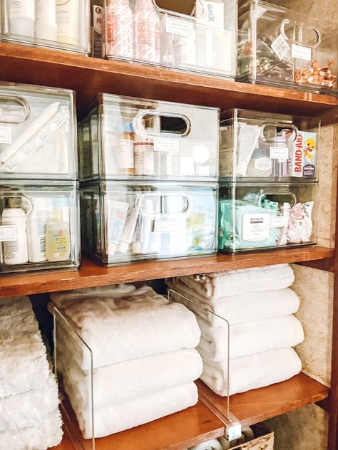 Towel Organization Small Closet, Clever Linen Storage Ideas, Linen And Toiletry Closet Organization, Toiletries Closet Organization, Storage For Towels And Bedding, Bath Supply Storage, Linen Shelf Organization, Linen And Medicine Closet Organization, Linen Closet Shelf Spacing