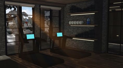 One Floor House Layout Bloxburg, Outside Bar Bloxburg, Bloxburg Dark Kitchen, Gym Build Bloxburg, Bloxburg Fitness Room, Modern Office Design Bloxburg, Movie Room Bloxburg Ideas, Garage Idea Bloxburg, Dark Bloxburg Kitchen