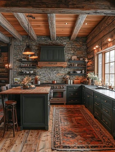 Black Cabin Kitchen, Dark Rustic Home Decor, Dark Rustic Home, Industrial Barndominium, Old Rustic House, Dark Cottagecore Kitchen, Dark Rustic Kitchen, Dark Wood Home, Barndo Kitchen