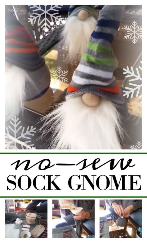 Budget-friendly holiday craft - no-sew sock gnome.  DIy project for all ages that uses missing socks or ones from the dollar store.  Make this for your holiday decor or to give as a gift.  This how to project with a step by step video  is found on salvagesisterandmister.com Gnome Step By Step, Missing Socks, Gnome Craft, Gnome Diy, Gnome Door, Holiday Crafts Diy, Sock Crafts, Gnomes Diy, Beginner Sewing