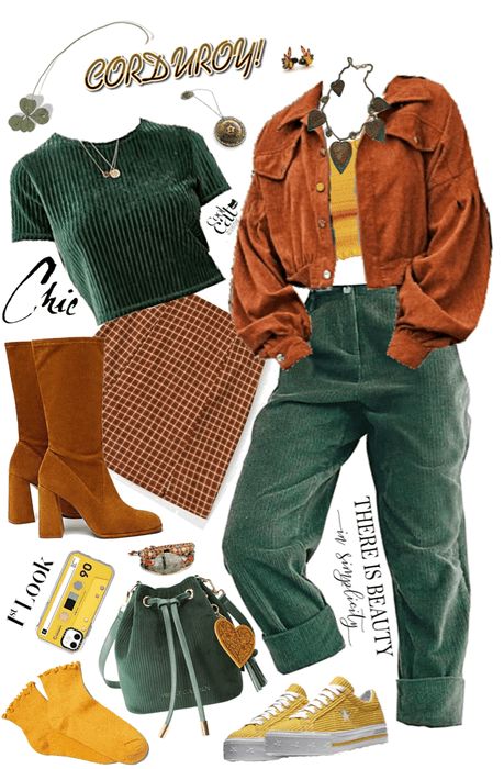 Corduroy Collection Outfit | ShopLook Orange And Green Outfit Aesthetic, Styling Green Corduroy Pants, Orange And Green Aesthetic Outfit, Orange Aesthetic Vintage Outfit, Green Corduroy Pants Outfit Aesthetic, Corduroy Green Pants Outfit, Corduroy Outfit Ideas, How To Style Green Corduroy Pants, Orange Retro Outfit