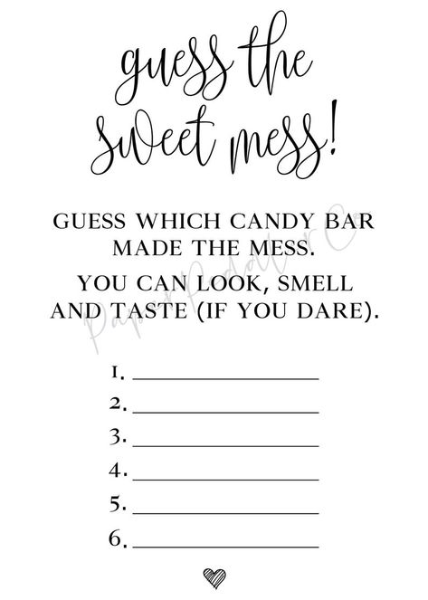 Guess The Mess Baby Shower Game, Guess The Sweet Mess Free Printable, Co-ed Baby Shower Games, Guess The Sweet Mess, Candy Bar Game, Shower Funny, Baby Shower Girl Diy, Nikki Baby, Baby Shower Candy Bar