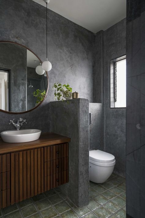 Apartment Design With Concept Of Wabi-Sabi, Simple And Close To Nature | Amoeba Design - The Architects Diary Small Bathroom With Shower Only, Wabi Sabi Bathroom Inspiration, Concrete Bathroom Design, Wabi Sabi Bathroom, Wabi Sabi Interior, Small Bathroom With Shower, Concrete Bathroom, Small Toilet, Interior Design Photos