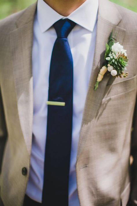 Chris to have beige suit with tie to match Julia?                                                                                                                                                      More White Tuxedo Wedding, Wedding Suits Men Black, White Boutonniere, Tan Suit, Navy Tie, Lodge Wedding, Cute Wedding Ideas, Navy Wedding, Bridesmaids And Groomsmen