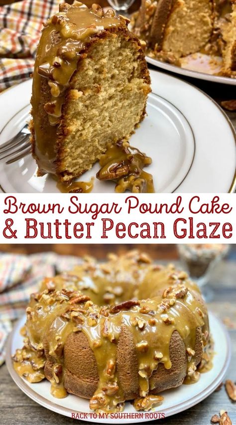 Brown sugar pound cake with butter pecan glaze is moist and sweet, and topped with a creamy, buttery pecan glaze that is out-of-this-world delicious. Brown Sugar Pound Cake Recipe, Pecan Pound Cake Recipes, Pecan Glaze Recipe, Butter Pecan Glaze, Pecan Pie Pound Cake, Butter Pecan Pound Cake Recipe, Butter Pecan Pound Cake, Pecan Glaze, Southern Praline