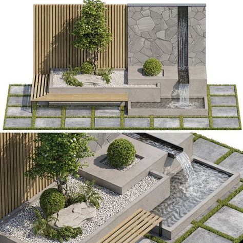 Water Element Architecture, Fountain Landscape Design, Fountain Modern Design, Modern Garden Fountain, Landscape Fountain Ideas, Modern Outdoor Landscaping, Modern Landscape Design Backyard, Landscape Wall Design, Terrace Landscape Design