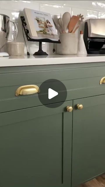 Rejuvenation on Instagram: "That satisfying feeling when your kitchen falls into place. We love the look of our Aged Brass bin pulls, knobs, and cupboard latches against cabinets in @sherwinwilliams Pewter Green (SW 6208). Get inspired for your kitchen makeover—find more paint colors that coordinate with our finishes in our @sherwinwilliams paint color palette. Design by @lifewithlindsblog #myonepiece" Green Cabinet Gold Hardware, Sw Pewter Green Cabinets, Brass Bin Pulls, Pewter Green Sw, Pewter Green, Palette Design, Paint Color Palettes, Green Cabinets, Color Palette Design