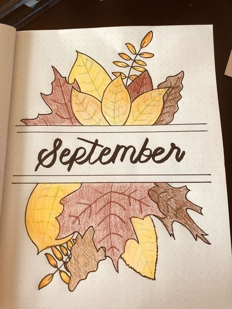 September cover page leaves Month Drawings September, September Boulet Journal, September Drawing Ideas, November Drawings, September Drawings, Bullet Journal November, November Journal, September Bujo, September Bullet Journal