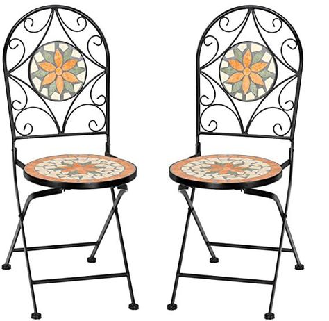 VINGLI 2 PCS Mosaic Bistro Folding Chairs Outdoor Garden Patio Furniture Seating Pool Side Patio, Side Patio, French Bistro Chairs, Steel Dining Chairs, Chairs Outdoor, Outdoor Deck Furniture, Outdoor Folding Chairs, Iron Chair, Best Outdoor Furniture