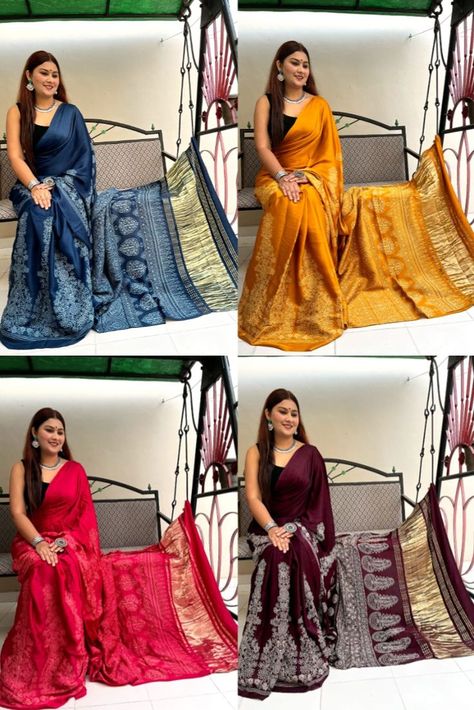 Designer Modal Silk Sarees With Ajrakh Design to order whatsapp 8897195985 Modal Silk Sarees, Siri Designers, Silk Fabric, Saree Designs, Block Print, Silk Sarees, Formal Dresses Long, Saree, Formal Dresses