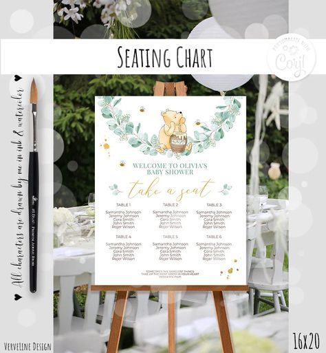 Editable Seating Chart Sign Classic Winnie the Pooh Baby - Etsy Winnie The Pooh Baby Shower, Classic Winnie The Pooh, Eucalyptus Branches, Pooh Baby, Branch Design, Chart Design, Boy Birthday Parties, Seating Chart, Boy Party