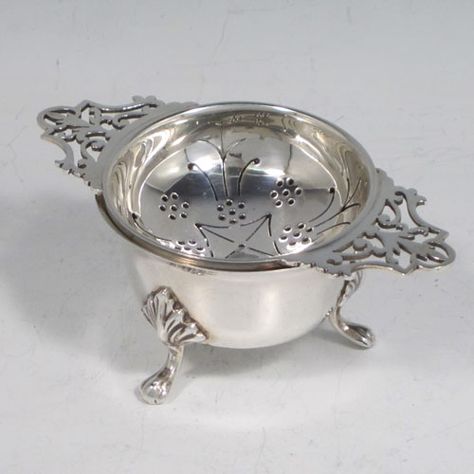 Tea Strainer | Sterling silver tea strainer and bowl, having a round hand-pierced ... Tea Strainers, Ceramic Tea Strainer, Tea Accessories Silver, Loose Leaf Tea Strainer, Tea Strainer Infuser, Silver Tea Service, Silver Tea Strainer, Cream Tea, Silver Tea