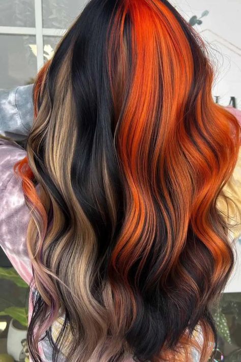 15 Stunning Calico Hair | HairAide Fox Hair Dye, Calico Hair, Witchy Hair, Fox Hair Color, Subtle Blonde Highlights, Black Red Hair, Hair Dyed, Fox Hair, Color Highlights