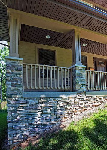 Stone Porch | Cultured stone was added on the base of the fr… | Flickr Stacked Stone Front Porch, House With Pillars, Rock Foundation, Stone Porch, Front Porch Stone, Porch Pillars, Stone Porches, Porch Kits, Porch Addition