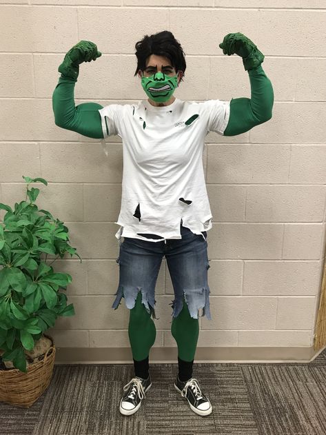 The Hulk , school spirit week. Complete with mask and home made muscle shirt and calf muscles! School Spirit Week, The Hulk, Muscle Shirt, Spirit Week, Calf Muscles, Muscle Shirts, School Spirit, Home Made, Hulk