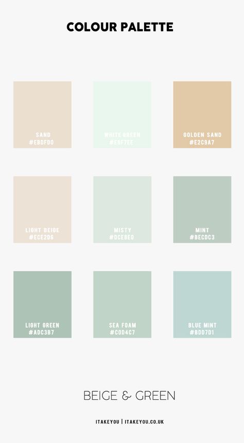 Light Green and Light Beige Bedroom – How To Use I Take You | Wedding Readings | Wedding Ideas | Wedding Dresses | Wedding Theme Mint And Beige Bedroom, Light Colour Palette For Bedroom, Mint Colour Scheme, Light Green Lounge Ideas, Cream And Mint Bedroom, Color Palette Seafoam Green, Light Green Palette Colour Schemes, Mint Palette Colour Schemes, Aqua And Beige Bedroom