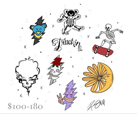 Grateful Dead flash tattoos. Jerry Garcia, hippie, stoner, Steal your face, skateboarding, skeleton Grateful Dead Tattoo, Skateboarding Skeleton, Old Gregg, Dead Tattoo, Left Arm Tattoos, Bolt Tattoo, Your Face, Grateful Dead Bears, Flash Sheets