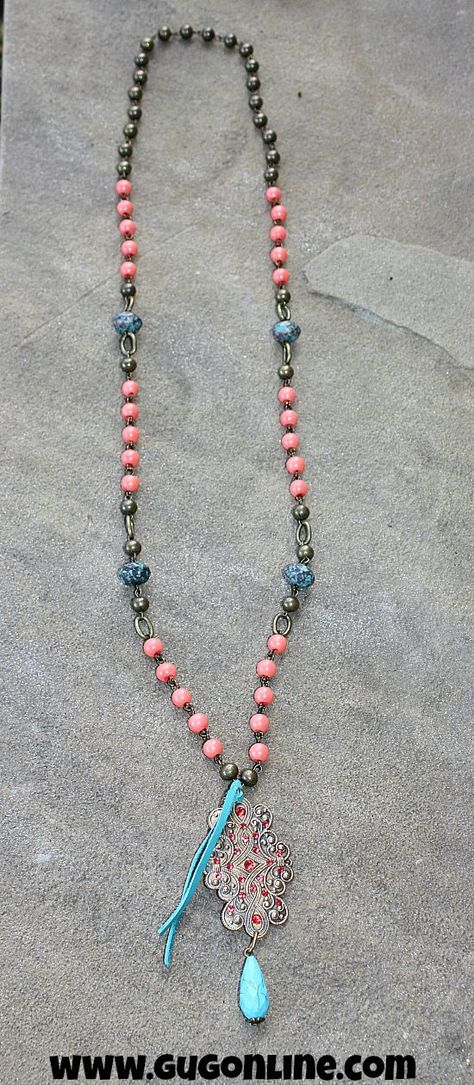 Pink Panache Long Coral and Turquoise Bead Necklace with Large Bronze Swirl Pendant with Crystals Pink Panache Jewelry, Closet Candy Boutique, Cross Necklaces, Shoe Nails, Cowgirl Jewelry, Giddy Up Glamour, Bead Necklaces, Turquoise Bead Necklaces, Mint Julep Boutique