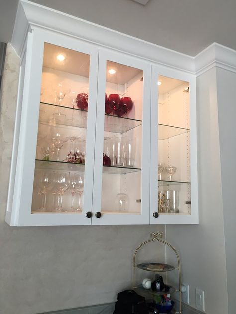 1/8" clear glass that is inset in wood cabinet doors with 1/4" glass shelves Glass Cupboard Design, Kitchen Glass Cabinets Display Ideas, Kitchen Glass Cabinets Display, Cupboard Design Kitchen, Glass Cabinet Display, Kitchen Glass Cabinets, Modern Kitchen Cupboards, Glass Kitchen Cabinet Doors, Small Modern Kitchen