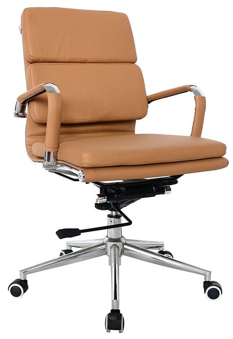 Amazon.com : Eames Replica Medium Back Office Chair - CAMEL Vegan Leather, thick high density foam, stabilizing bar swivel & deluxe tilting mechanism : Office Products Media Room Chairs, Comfortable Computer Chair, Eames Office Chair, Luxury Office Chairs, Home Office Man, Mid Century Office, White Office Chair, Ikea Chair, Black Steel Frame