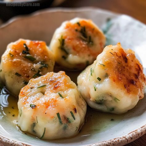 Shrimp And Chive Dumplings Seafood Dumplings Recipe, Shrimp And Chive Dumplings, Dumplings Appetizer, Chive Dumplings, Crab And Shrimp, Pan Fried Dumplings, Shrimp Dumplings, Cajun Shrimp Pasta, Dumpling Filling