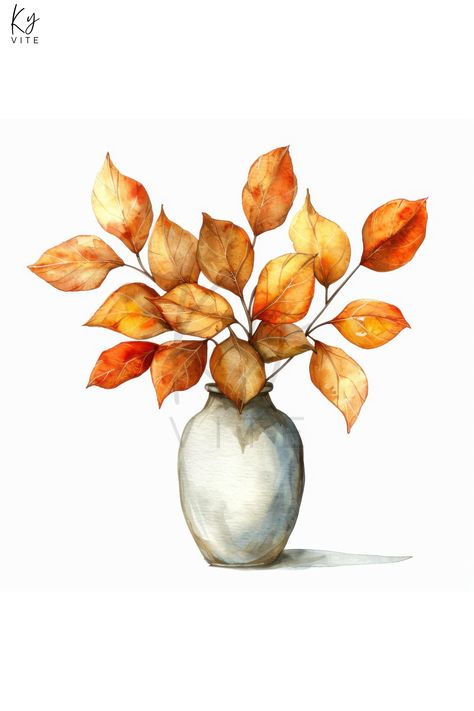 12 Autumn Leaves in Vase Watercolor Clipart, Printable Hand-painted Vintage Watercolor, Digital Art Fall Leaves Watercolor Paintings, Autumn Watercolor Illustration, Easy Fall Watercolor Ideas, Autumn Watercolor Paintings, Autumn Watercolour, Autumn Leaves Watercolor, Vase Watercolor, Watercolor Digital Art, Nightmare Before Christmas Drawings