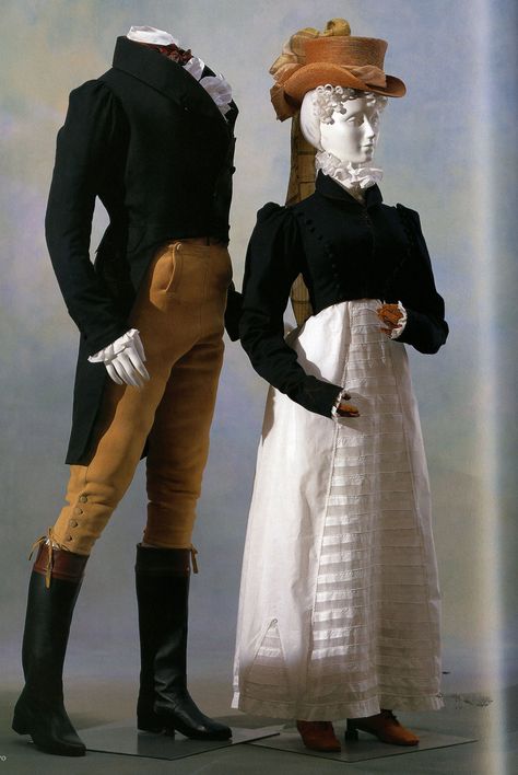 The spencer was a short jacket (worn by both men and women) that ended at the waistline for men and just under the bosom for women. Riding Habit, Regency Era Fashion, 1800s Fashion, Period Clothing, Regency Dress, Regency Fashion, 19th Century Fashion, Frock Coat, Period Outfit