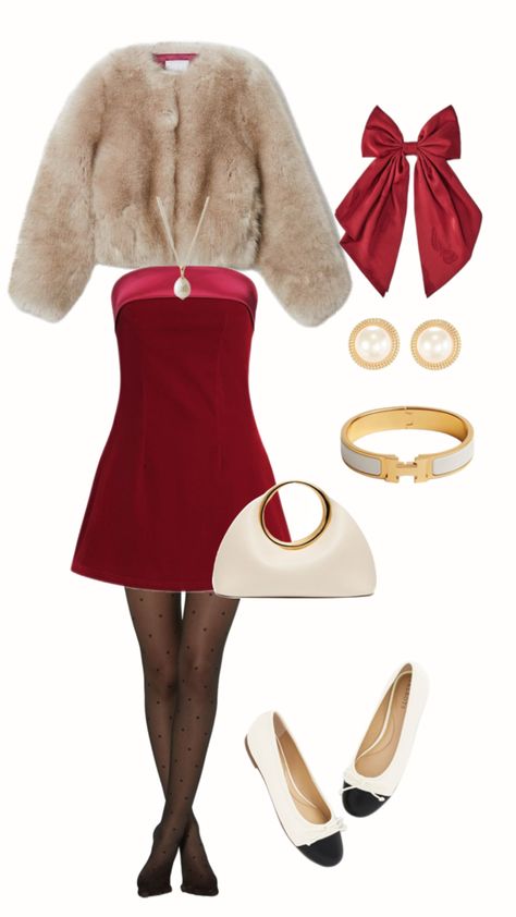 outfit ideas | christmas outfit | party outfit | winter outfit | red dress | ballet flats | fur coat Red Dress With Coat, Christmas Ballet Outfit, Coat Christmas Outfit, Red Fur Coat Outfit, Christmas Outfit Party, Dress With Coat, Party Outfit Winter, Red Fur Coat, Christmas Clothing Ideas