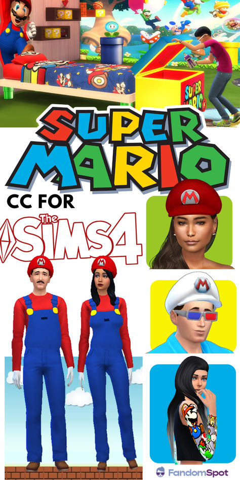 Sims 4 Mario Cc, Sims 4 Super Mario Cc, Super Mario Hat, Super Mario Costumes, Mario Hat, Full Body Costumes, Mario Costume, Super Mario Games, Video Game Genre