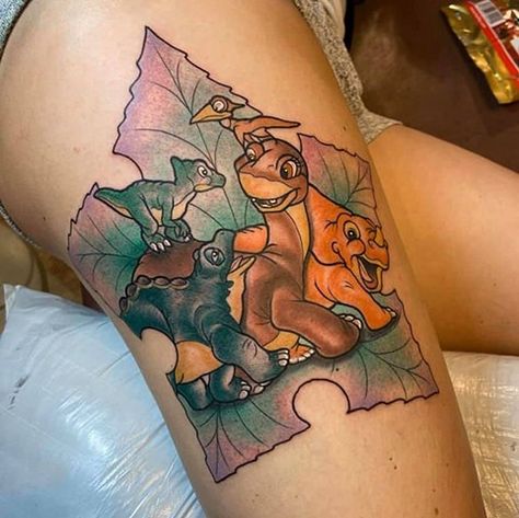 Land Before Time Tattoo, Little Foot Tattoos, Disney Thigh Tattoo, Sarah Tattoo, Disney Sleeve Tattoos, Cute Thigh Tattoos, Nerdy Tattoos, Nerd Tattoo, Dinosaur Tattoos